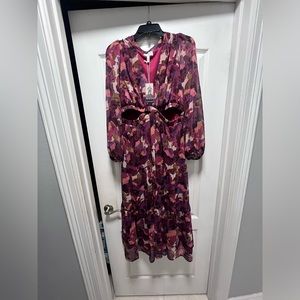 Sofia Vergara Floral Cut Out Tiered Maxi Dress Long Sleeve L Wine Wine Red NWT